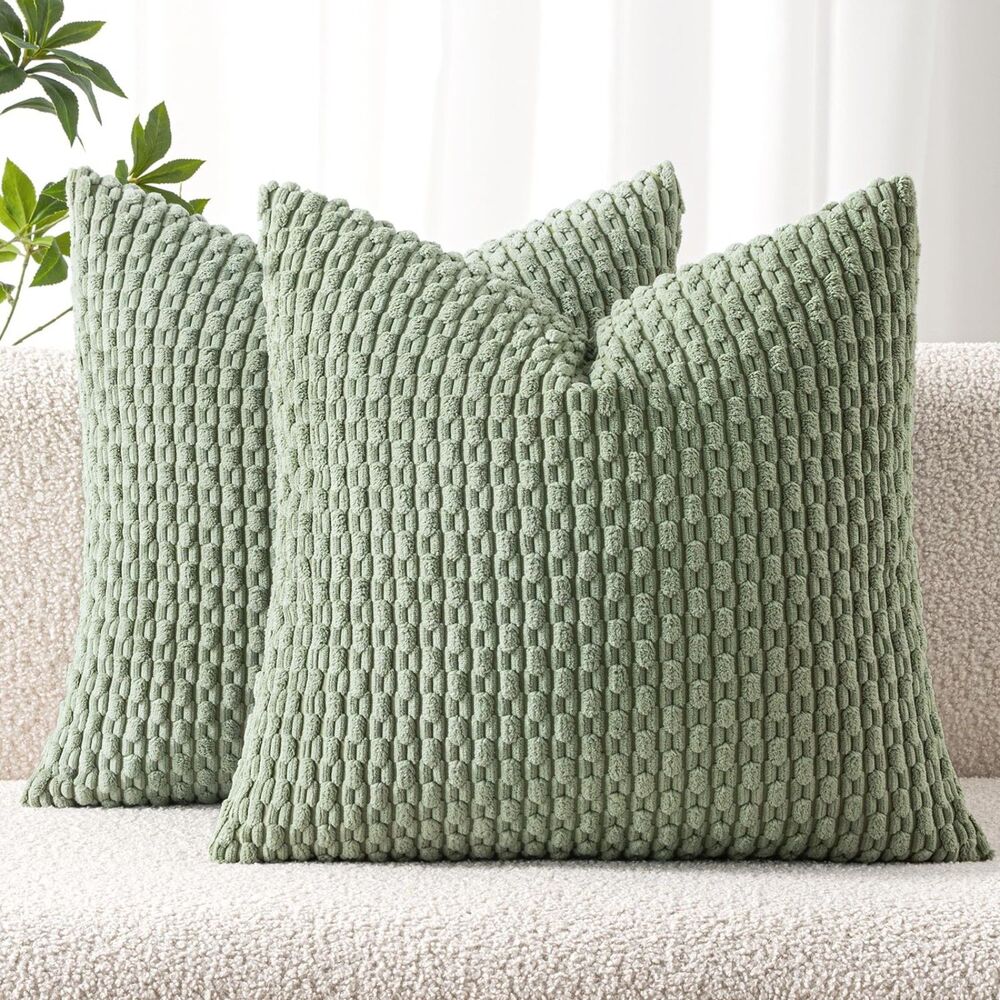 Set of 2, 18x18 inch, Decorative Throw Pillow Covers (Sage Green, Corduroy)